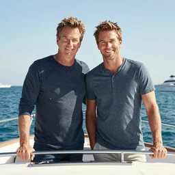 will ferrell and john c reilly from stepbrothers on a yacht, prestige worldwide, professional photograph, photo realism, boats and hoes