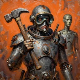 orange, grey, hammer, dark, gothic, cyber, fantasy, rust, metal, rivets, cogwheel, human, creature, mannequin, machinery, scuba mask, by giger, masahiro ito, junji ito, rough oil paint, underpainting, highlights, john signer sargent, dean cornwell