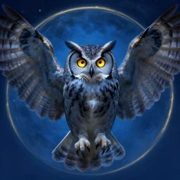 concept art, cgsociety, sharp focus, cinematic lighting, artstation, album cover art, alphonse mucha, blue night lighting, symmetrical, digital painting, bright golden eyes in the night, closeup portrait of a gray owl attacking with spreaded wings, art by greg rutkowski, illustration, highly detailed