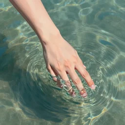 a bare hand reaching down in the water, crystal clear water, light refraction. in the style of hand study, artstation trending