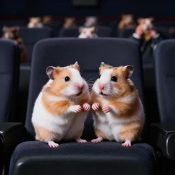 photo of two hamsters, holding paws, on a cinema seat, various poses, unedited, dim light, sharp focus, 8 k