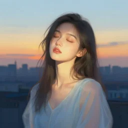 portrait of a beautiful girl, sunset in the city, intimate, eyes closed, faded shades of light blue and light orange and light yellow, beautiful face, rule of thirds, translucent dress, spotlight, by greg rutkowski, by jeremy mann, by francoise nielly, by van gogh, digital painting