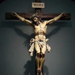 A muscular Jesus Christ ripping himself off the crucifix