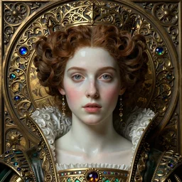 face centered portrait, artwork by james jean, hyperdetailed realistic smooth polished porcelain, beautiful young medieval queen, jean delville, art nouveau, gustav klimt, ornate dark bronze heavy patina gothic icon, james jean, ultrasharp hyperdetailed photorealistic octane render, iris van heppen, visionary, whimsical, surreality
