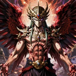 4 k headshot of godlike anime character with defined arms and open hands and bloody clothes with giant mandala wings, intricate face, flawless anime cel animation by kentaro miura, psychedelic, highly detailed upper body, professionally post - processed, beautiful, scary, symmetry accurate features, epic, octane rendered, anime masterpiece, accurate