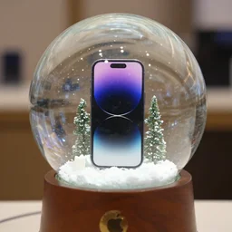A snowglobe is on display with an Apple iPhone inside.