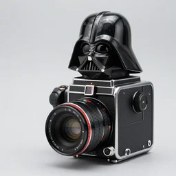 photograph of a medium format camera that looks like darth vader. very detailed. plain background. 8K . still life photo. elegant design.