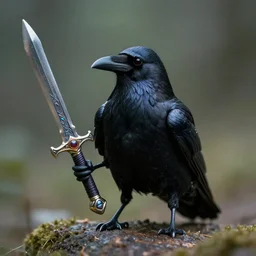 portrait of small scientific realistic raven!! holding carrying alien fantasy sword, cinematic, portrait, macro, from the new science fiction movie, 8 k, f 1. 8!!!