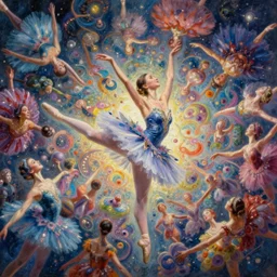 fantastic beautiful women ballet dancer into ultra high resolution hyperspace with myriads of details, luminosity, infinity variations of colours mass, mark maggiori, jeff dekal, piotr jablonski, intricate details, hyperrealistic oil painting on canvas, deep depth field, hd, hdr, 4 k, 8 k