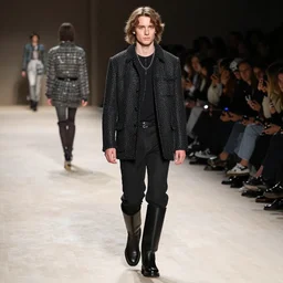 a young mark hamill models for chanel, on the runway, fashion photoshoot, full body, chanel boots
