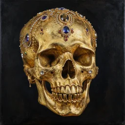 rubens ornate gothic gold skull painting covered in jewels