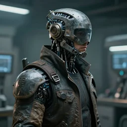 a masked rugged laboratory engineer man with cybernetic enhancements as seen from a distance, scifi character portrait by greg rutkowski, craig mullins, 1 / 4 headshot, cinematic lighting, dystopian scifi outfit, profile picture, mechanical, cyborg, robotic, dieselpunk