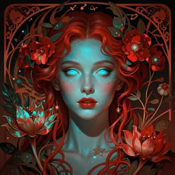 pia wurtzbach as darna, wax figure, glowing eyes, volumetric lights, red and cyan theme, art nouveau botanicals, intricate, highly detailed, digital painting, artstation, concept art, smooth, sharp focus, cinematic, illustration, beautiful face, art by artgerm and greg rutkowski and alphonse mucha
