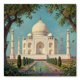 a painting of a taj mahal in a mystical forest full of wonders, apple trees, magical atmosphere, trending on artstation, 30mm, by Tyler Edlin, by Noah Bradley