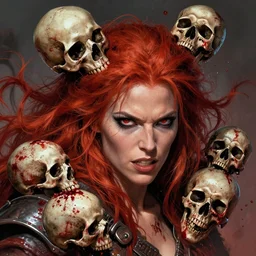 still from 3 0 0 of a head and shoulders action photo, human female barbarian, red hair, frenzy, blood and skulls, d & d, high fantasy, by hr giger, facial detail, extremely detailed, comic book cover photo