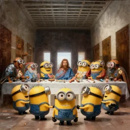 a painting of minions from despicable me in the scene of the last supper by Leonardo da Vinci