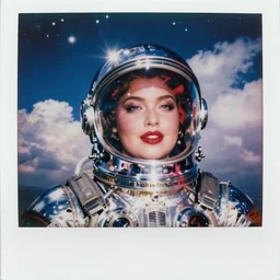 analog polaroid portrait of a beautiful plus-sized woman wearing a chrome space helmet, red lipstick, Hajime Sorayama, sheen, red reflections, unreal engine, azure sky, big clouds visible, sunlight, reflection, sparkles, space, stars, nebula, lensflare, film grain, depth of field, color bleed