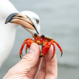 a red hermit crab being held by a large seagull - like beak