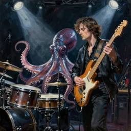 a beautiful painting by joseph christian leyendecker of an octopus playing drums and telecaster guitar in a rock concert, dark background, concert light, dark mood, cold lighting