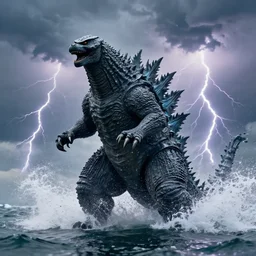 hyperrealistic photo of godzilla emerging from the ocean, raging, big splash, droplets, dark lightning clouds, overcast, thunder, lightning strike, closeup, telephoto zoom, ultra detailed, sharp focus, cinematic, 1 0 0 mm, dslr, 4 k