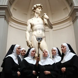 statue of david by michelangelo and a group of nuns taking a selfie with a selfie stick