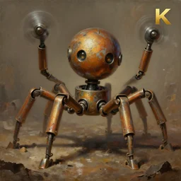 the chrome from which this six - legged robot was wrought is tarnished. where one might expect the head of a beast to rest upon their torso, there is only a smooth semisphere. at the extremity of each of their cyclindrical arms is a conical drill whose spinning produces an ear - splitting whine, caves of qud, matte oil painting, retrofuturistic, concept art, science fantasy, rpg, epic, sharp focus, dungeons & dragons, award - winning, extremely detailed, 4 k, 8 k