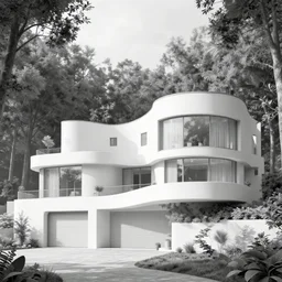 mansion in the forest, concept art, daylight, monotone walls, curved walls design, garage, multi store building, huge building, big windows, photorealistic, modern architecture, pinterest, render, exterior