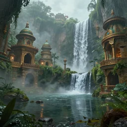 aztec jungle village, ornate, beautiful, atmosphere, mist, vibe, smoke, beautiful, rain, reflection, pristine, puddles, waterfall, melting, dripping, wild look, mattepainting concept blizzard pixar maya engine splash comics global illumination lighting artstation, sharp focus, ilya kuvshinov, rossdraws