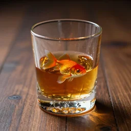 on a wooden floor there is a single crystal glass filled with whiskey and one goldfish swimming inside, close up view, dramatic lighting, DOF, caustics, soft, sharp focus, art nouveau, cinematic, intricate concept artwork by Greg Rutkowski