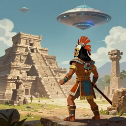 A fierce Aztec warrior watches alien ufoslanding at an Aztec temple. epic sci-fi fantasy artwork by Sylvain Lorgeou. Trending on artstation