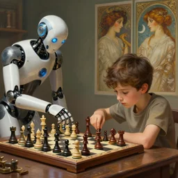 perfectly - kid playing chess with robot, intricate, highly detailed, digital painting, artstation, concept art, smooth, sharp focus, illustration, unreal engine 5, 8 k, art by artgerm and greg rutkowski and alphonse mucha