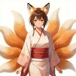 A beautiful anime-style digital concept portrait of a beautiful young woman with fox ears and nine fox tails wearing a kimono, by Stanley Artgerm Lau, WLOP, Rossdraws, LeraPi, and Sakimichan, tranding on artstation, SFW version