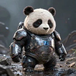 anthropomorphic panda in cyber armour, cyberpunk, wear and tear, battle hardened, shell shocked eyes, artstation, dirty, realistic reflections