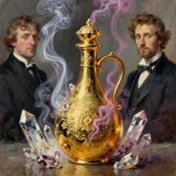golden flask, colored smoke, crystals, greg rutkowski, john singer sargent, trending on artstation, oil painting, intricate
