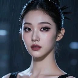facial portrait of a korean ballerina with dark makeup, dark cyberpunk background, lens flare, rain, deep focus, d & d, intricate, elegant, highly detailed, photo, artstation, blade runner, 8 k, sharp focus, octane, unreal engine 5, global illumination, radiant light