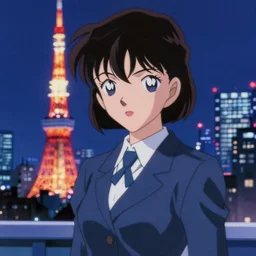 blurry and dreamy screencap of a realistic character from 9 0 s satoshi kon anime, woman with short hair and black eyes weraing dress suit with tie, character design by yoshitaka amano, glitchy vhs tape, night tokyo in the background, perfect blue color palette, noisy film grain effect, blurry image, renessaince oil painting