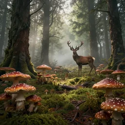 forrest full of mushrooms and one deer, superwide angle, light through the mist, dramatic lighting, photorealistic, cinematic lighting, high detail, cinematic feel, high octane, 4 k, unreal engine, digital render, intricate, ultra realistic, concept art