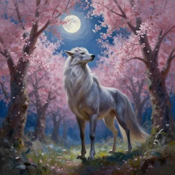 a beautiful painting of falkor in a cherry blossom forest, volumetric lighting, moonlit by greg rutkowski and kalin popov, trending on artstation, masterpiece,