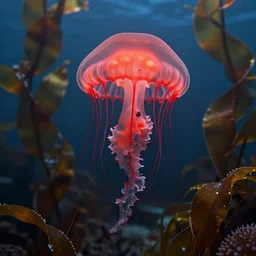 a beautiful translucent red cellophane jellyfish in a translucent cellophane kelp forest