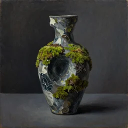 an abstract vase sculpture with moss on it. conceptual art, abstract art, surrealist oil painting, still life painting, wikiart, high detail, moody painting, dark lighting