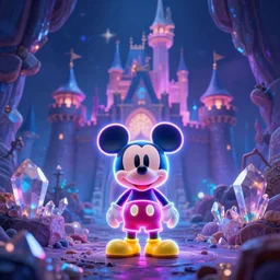 an enchanted neon tiny mickey mouse standing at the foot of a mystical and magical isekai castle. crystal ore mines. hyper kawaii cute. by greg rutkowski, in the style of a grand adventure, extremely artistic
