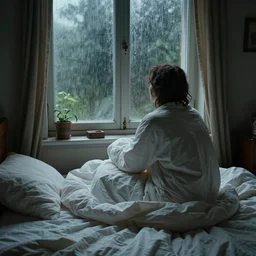 on a rainy day, someone in home sits in bed, curled up under the covers, watching the rain outside the window, cinematic, artstation, extremely detailed, intricate, cinematic lighting, art by pierre - auguste renoir, arie johannes lamme
