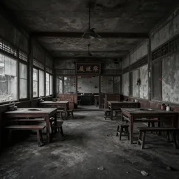 dull, abandoned photograph, desaturated, rich chinese restaurant, two-point perspective