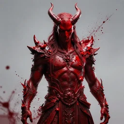 god of death, dramatic pose, blood splatters, horns, red, 8 k, hyperrealistic, octane render, dramatic