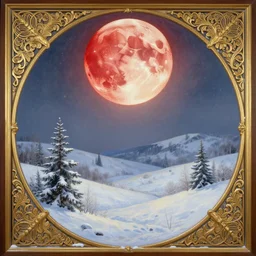 painting a snowy landscape under the blood moon, decorated, intricate, elegant, highly detailed, digital painting, artstation, concept art, smooth, sharp focus, illustration, art by artgerm and greg rutkowski and alphonse mucha, 8 k