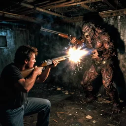 color video footage of the monster hunting in dark basement, a man holding shotgun, gunfire, midnight, 2 0 0 0's