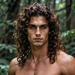 close up, portrait of a muscular man, chiseled features, beautiful flowing brown curly hair, mythological, god of nature, defined muscles, artsy photography, film photo, 4 k, model posing, deep tan skin, trending on artstation, fashion photography, yellow eyes, overgrown background, dryad, verdant forest, face, very long luxurious hair