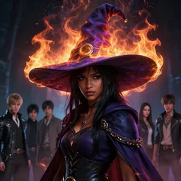 a fancy portrait of a beautiful dark magician girl with a large witches hat covered in coloured flames by Greg Rutkowski, Sung Choi, Mitchell Mohrhauser, Maciej Kuciara, Johnson Ting, Maxim Verehin, Peter Konig, final fantasy , mythical, 8k photorealistic, cinematic lighting, HD, high details, atmospheric,