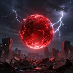 a glowing red orb hovers over a destroyed city, lightning in the background, concept art, extremely detailed, artgerm, trending on artstation, grim, overpowering, dramatic lighting,