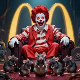 dystopian ratty lovecraftian mcdonalds 2 0 2 0 superbowl commercial starring ronald mcdonald with glowing! red eyes and a smiling happy family of rats in the style of h. r. giger